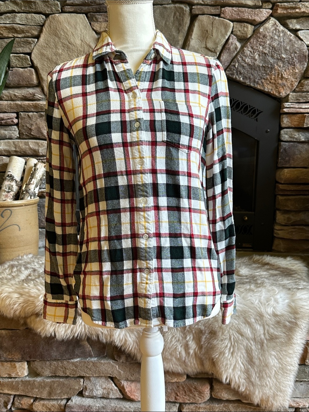 L.L. Bean Signature Plaid Button-Down Shirt in Cream, Black, Red, Yellow